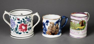 THREE NINETEENTH CENTURY POTTERY FROG MUGS, comprising: a SUNDERLAND LUSTRE EXAMPLE, printed and