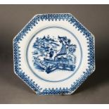 18TH CENTURY OCTAGONAL FISHERMAN PATTERN SOFT PASTE PORCELAIN PLATE, believed to be Caughley