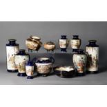 COLLECTION OF JAPANESE MEIJI AND LATER PERIOD SATSUMA POTTERY WITH BLUE GROUNDS, comprising: THREE