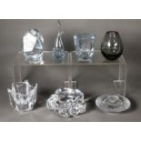 THREE MODERN PIECES OF ORREFORS MOULDED CLEAR GLASS, comprising: HEAVY, SHAPED DISH OR ASHTRAY, 5 ½”