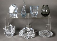 THREE MODERN PIECES OF ORREFORS MOULDED CLEAR GLASS, comprising: HEAVY, SHAPED DISH OR ASHTRAY, 5 ½”