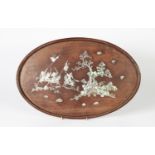 JAPANESE MEIJI PERIOD MOTHER OF PEARL INLAID OVAL HARDWOOD TRAY, decorated with warriors on