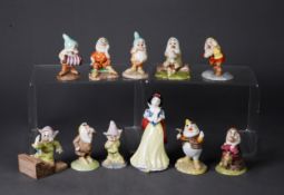 ELEVEN  ROYAL DOULTON SNOW WHITE AND DWARF FIGURINES, 2 x Doc, 2 x Dopey & 2 x Sleepy, Disney