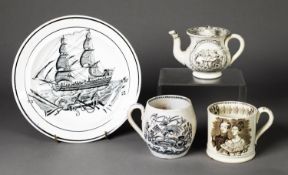 FOUR PIECES OF NINETEENTH CENTURY BLACK PRINTED POTTERY, comprising: QUEEN VICTORIA AND PRINCE