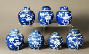 SEVEN NINETEENTH CENTURY AND LATER CHINESE BLUE AND WHITE PORCELAIN GINGER JARS AND COVERS, each