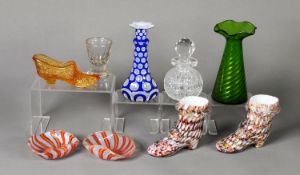 SMALL COLLECTION OF NINETEENTH CENTURY AND LATER GLASS, including: MOULDED AMBER MODEL OF A SHOE,