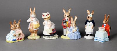 FOUR MODERN ROYAL DOULTON POTTERY BUNNYKINS FIGURES, comprising: FATHER, MOTHER & VICTORIA’, ‘