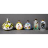 FIVE MODERN ORIENTAL GLASS SCENT BOTTLES, comprising: a GOURD SHAPED CASED EXAMPLE, carved with a