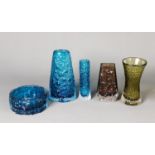 FIVE PIECES OF WHITEFRIARS BARK AND TEXTURED COLOURED GLASS VASES, comprising: WAISTED VASE IN