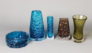 FIVE PIECES OF WHITEFRIARS BARK AND TEXTURED COLOURED GLASS VASES, comprising: WAISTED VASE IN