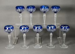 SET OF TEN BLUE STAINED AND FLASH CUT HOCK GLASSES, 7 ¾” (19.7cm) high, (10) one a/f