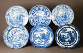 PAIR OF DAVENPORT BLUE AND WHITE TRANSFER PRINTED PEARL WARE PLATES, Oriental building, fence and