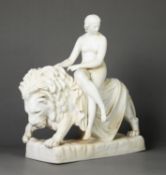 JOHN BELL, NINETEENTH CENTURY PARIAN GROUP ‘UNA RIDING ON A LION’, on an oblong plinth base,