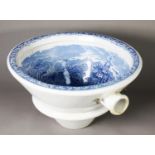 VICTORIAN BLUE AND WHITE POTTERY TOILET OR WASH BASIN BOWL, of conical form with later plate