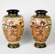 PAIR OF TWENTIETH CENTURY JAPANESE SATSUMA POTTERY VASES ON BLUE GROUNDS, each of ovoid for with