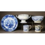 FIVE PIECES OF NINETEENTH CENTURY BLUE AND WHITE POTTERY, comprising: ENGLISH SCENERY PATTERN