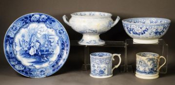 FIVE PIECES OF NINETEENTH CENTURY BLUE AND WHITE POTTERY, comprising: ENGLISH SCENERY PATTERN