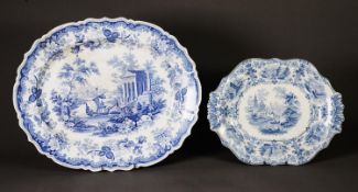 A LARGE ROGERS BLUE AND WHITE OVAL SERPENTINE MEAT PLATE, in the Athens pattern, depicting ruins and