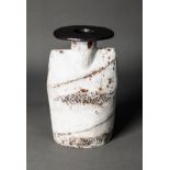 HANS COPER DISC TOP STUDIO POTTERY VASE, glazed in matt white beneath a brown glazed top,