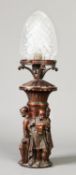 TWENTIETH CENTURY PATINATED SPELTER FIGURAL AND CUT GLASS LAMP BASE, modelled with three standing