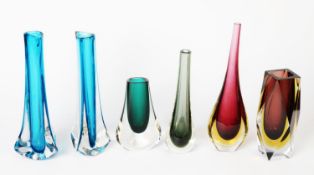 SIX CASED OR SOMMERSO GLASS VASES, including: A WHITEFRIARS NEAR PAIR IN KINGFISHER BLUE, and TWO IN