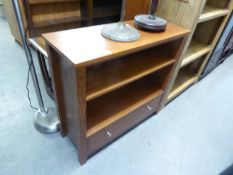 SMALL MODERN TWO TIER OPEN BOOKCASE WITH DRAWER BELOW, AND A NEST OF THREE MAHOGANY OBLONG COFFEE