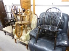 TWO WHEEL-BACK CARVER ARMCHAIRS, AND TWO MATCHING DINING CHAIRS (4)