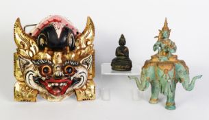 SOUTH EAST ASIAN, possibly Thai, parcel gilt and painted wall mask, together with a patinated bronze