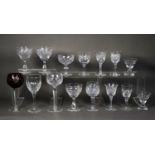 SET OF FIVE PROBABLY PRE-WAR FINELY CUT GLASS STEM WINES, with ogee shape bowls, ANOTHER SET OF FIVE