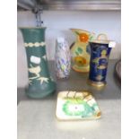 A FIELDINGS DEVON WARE JUG, GRAY'S POTTERY SQUARE PIN TRAY A STONEWARE VASE AND TWO OTHER VASES (5)