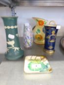 A FIELDINGS DEVON WARE JUG, GRAY'S POTTERY SQUARE PIN TRAY A STONEWARE VASE AND TWO OTHER VASES (5)