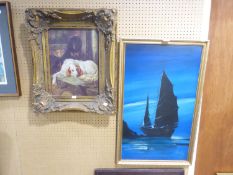 A SOUTH EAST ASIAN OIL ON BOARD OF A SAILING SHIP (KEN ROSE) AND A MODERN GILT FRAMED PICTURE OF TWO