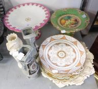 VICTORIAN CHINA COMPORT WITH PINK AND GILT DECORATION, VICTORIAN MOULDED POTTERY PLATTER, PRINTED