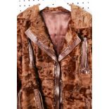 LADY'S MODERN BROWN PONY SKIN AND BROWN LEATHER LONG SPORTS JACKET, with revered collar, hook