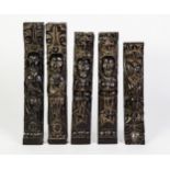 TWO PAIRS OF 19TH CENTURY CARVED OAK PILASTER COLUMNS, with carved figures, plus a further lion mask