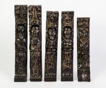 TWO PAIRS OF 19TH CENTURY CARVED OAK PILASTER COLUMNS, with carved figures, plus a further lion mask