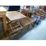 A PAIR OF TEAK DINING CHAIRS, WITH OVERSTUFFED SEATS AND A PAIR OF SMALL SQUARE HARDWOOD GARDEN