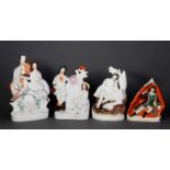 FOUR NINETEENTH CENTURY STAFFORDSHIRE FLAT BACK POTTERY FIGURES OR GROUPS, comprising: HIGHLAND