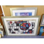 AFTER JOAN MIRO LARGE POSTER, FRAMED AND GLAZED AND A LARGE ABSTRACT COLOUR PRINT (2)