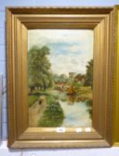 AN EARLY 20TH CENTURY ENGLISH SCHOOL OIL ON CANVAS RIVER SCENE WITH BRIDGE, SAIL BOAT AND CHURCH