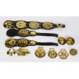 THREE LEATHER STRAPS OF AGED HORSE BRASSES AND A FEW LOOSE DITTO