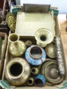 ASSORTED EASTERN MIXED METAL WARES TO INCLUDE; A BRASS JEWELLERY BOX, SCROLL CONTAINER, VASES, SPOON