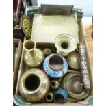 ASSORTED EASTERN MIXED METAL WARES TO INCLUDE; A BRASS JEWELLERY BOX, SCROLL CONTAINER, VASES, SPOON