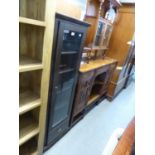 STAINED WOOD TALL NARROW DISPLAY CABINET, WITH A GLAZED DOOR, 1'8" WIDE, 5' HIGH