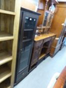 STAINED WOOD TALL NARROW DISPLAY CABINET, WITH A GLAZED DOOR, 1'8" WIDE, 5' HIGH