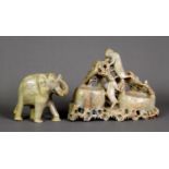 TWO PIECES OF CHINESE CARVED HARDSTONE, comprising: a RECEIVER GROUP, modelled with monkeys, 6” (