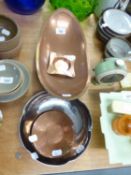 L R I BORROWDALE, TWO HAND BEATEN COPPER DISHES, 14” X 7 ½” (35.6cm x 19cm) and SMALLER, AN ASHTRAY,