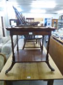 A GEORGE V MAHOGANY BUTLERS TRAY ON STAND WITH SHELF STRETCHER AND SPLAY PAW FEET