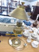GAS STYLE BRASS TABLE LAMP, BRASS RESERVOIR AND SHADE