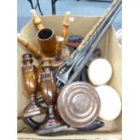 ASSORTED TREEN AND TRIBAL ART, INCLUDING; IRONWOOD BOWL AND COVER, 1930's OAK CANDLESTICKS, CARVED